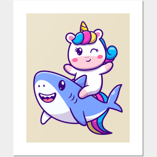 Cute Unicorn Riding Shark Cartoon Posters and Art